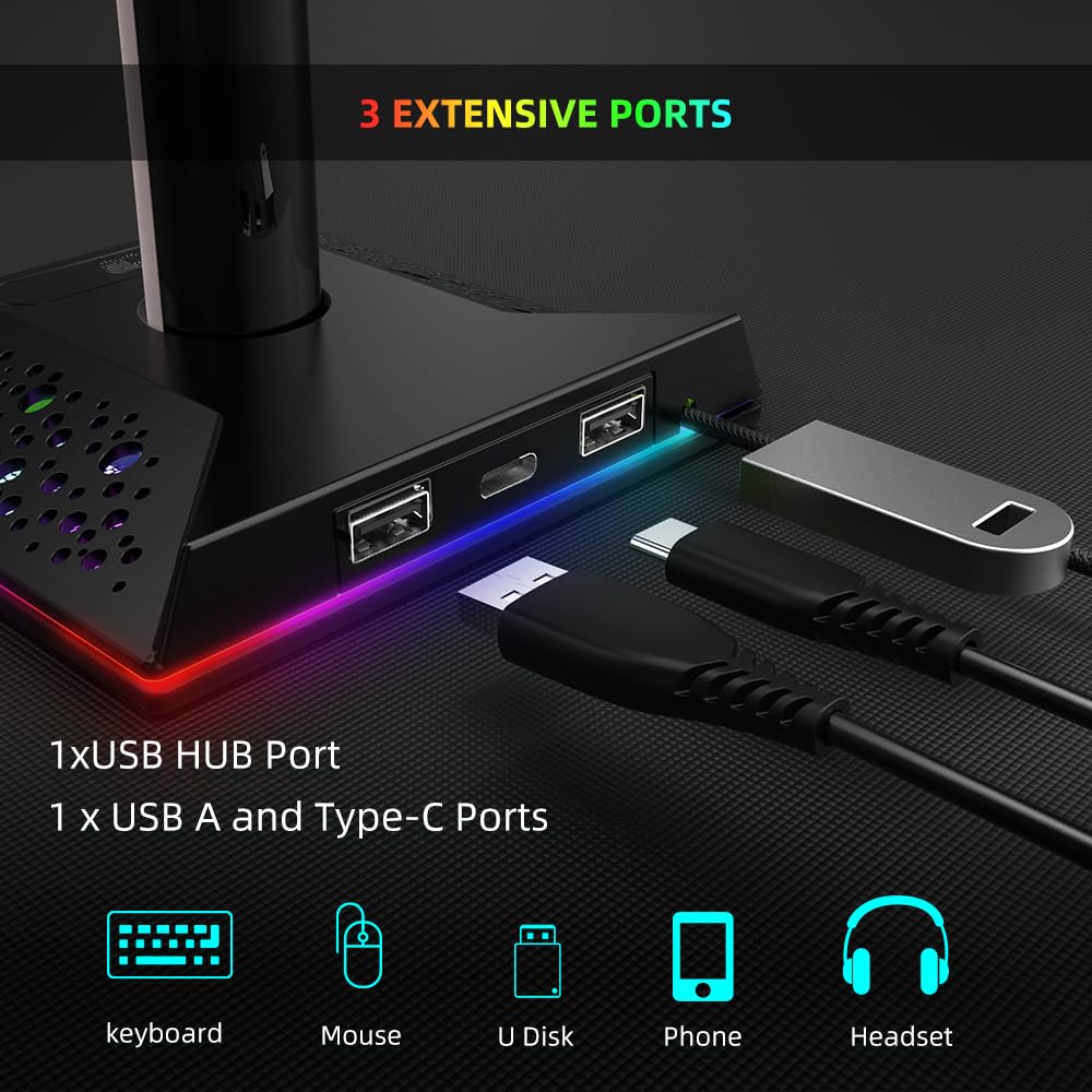 Supporto RGB per cuffie e controller con hub di ricarica USB, supporto per cuffie da gioco per scrivania, 2 porte USB-A e USB-C, contiene 4 controller, 10 modalità di illuminazione per PS5