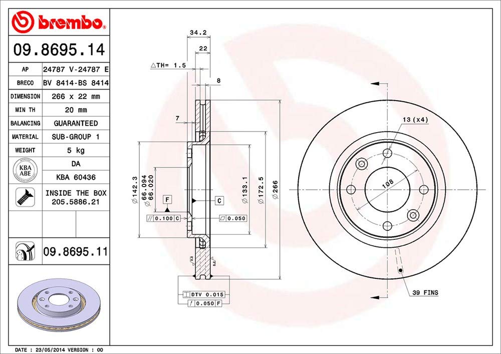 Brembo 09.8695.11 - Disque du Frein Avant avec revêtement anti-corrosion UV - Jeu de 2 disques