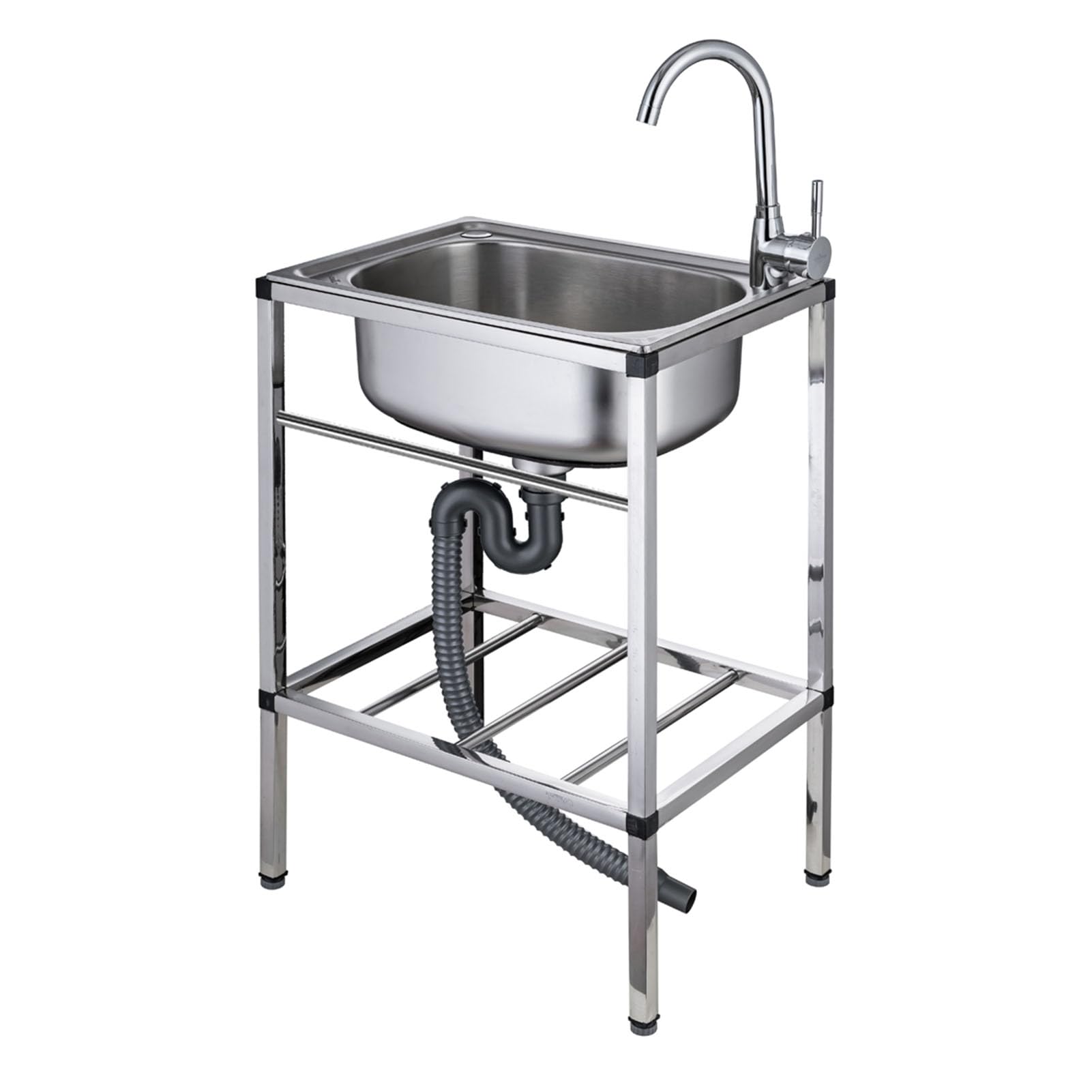 Lavello da Cucina per Esterni autoportante in Acciaio Inox 304 a Vasca Singola, Set Commerciale per ristoranti con Rubinetto, lavabo di Servizio con Ripiani portaoggetti (Rubinetto