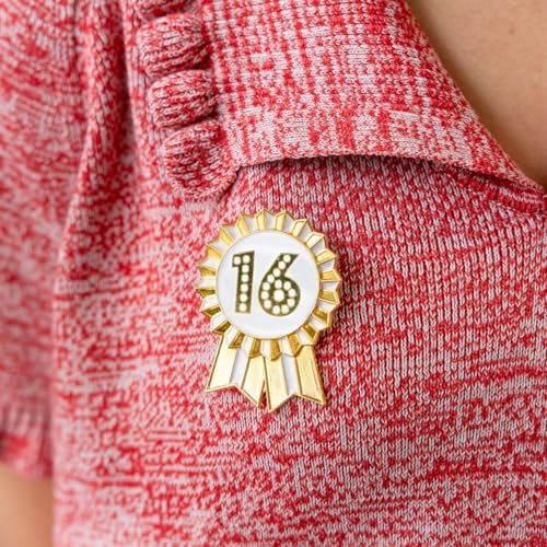 Talking Tables 16th Birthday Badge Gold and White Enamel Metal Rosette Reusable Accessories for Girls Adults Sixteenth Sweet 16 Party Supplies 1.77 Inches Diameter image 5