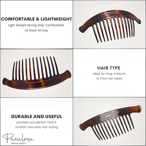 Miniatura 2 de Parcelona Par de peines laterales entrelazados de arco francés extra grande con carcasa marrón tortuga de 13 dientes