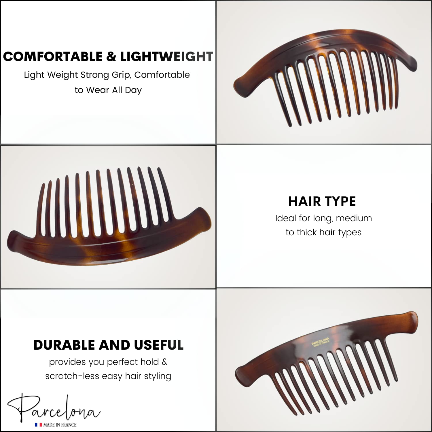 Large French Hair Side Combs for Thick Hair, Strong Hold Bun Camila Paris MP978/2 French Hair Side Combs - Black Curved  main image 2