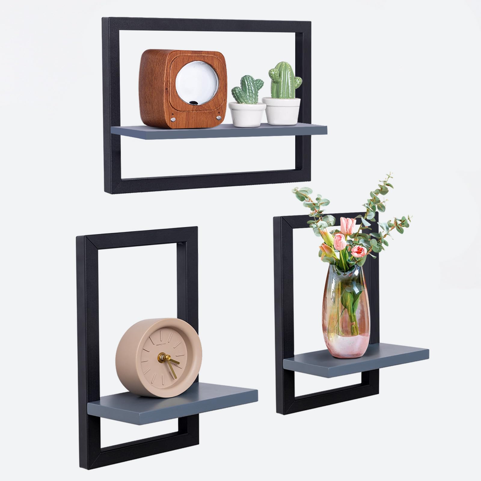 hi-home Set mit 3 Wandregalen, Schwebende Regal für die Wand Deko, Hängeregale zur Wandaufbewahrung, Quadratische Bücherregal Wand, Wandregal Holz Hängeregal für Schlafzimmer, Wohnzimmer, Grau