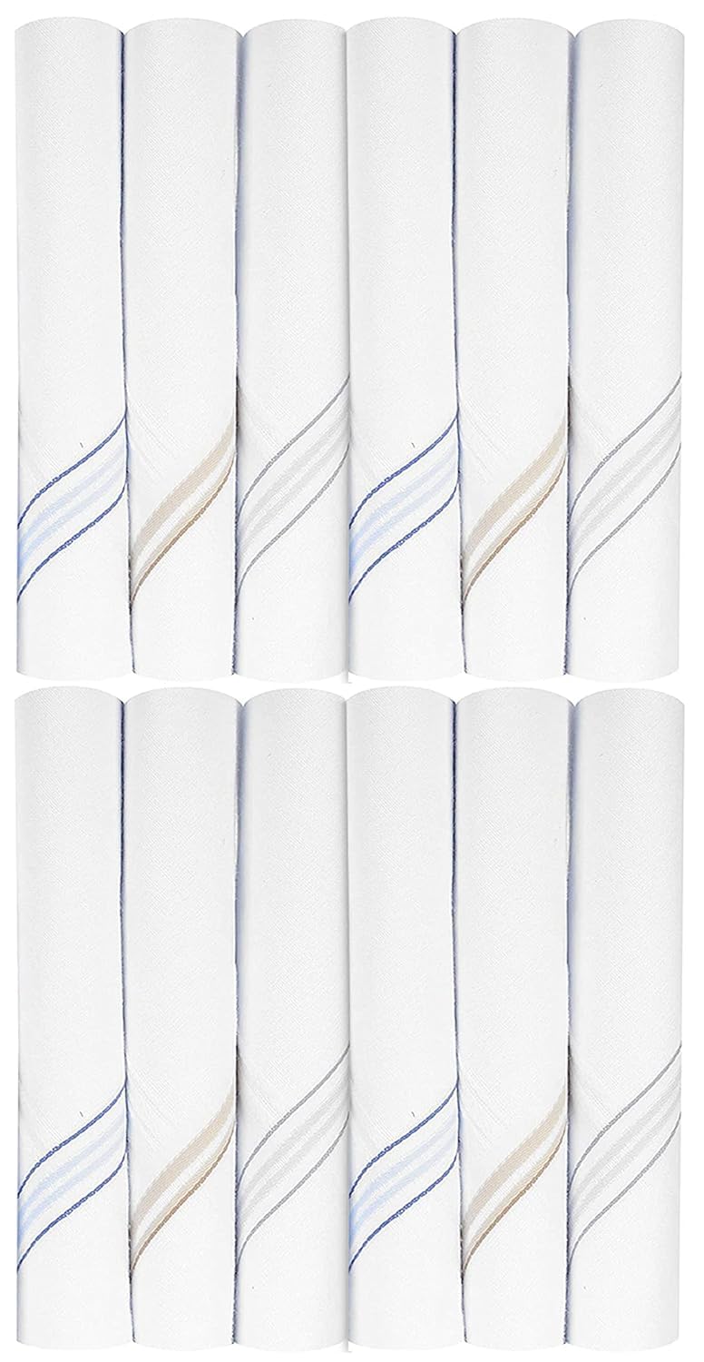 Dreamday Creations 100% Pure Cotton Handkerchiefs for Men | Large Size Soft Rumal for Daily Use | White with Multicolor Stripes | Reusable & Washable | pack of 12-image-4