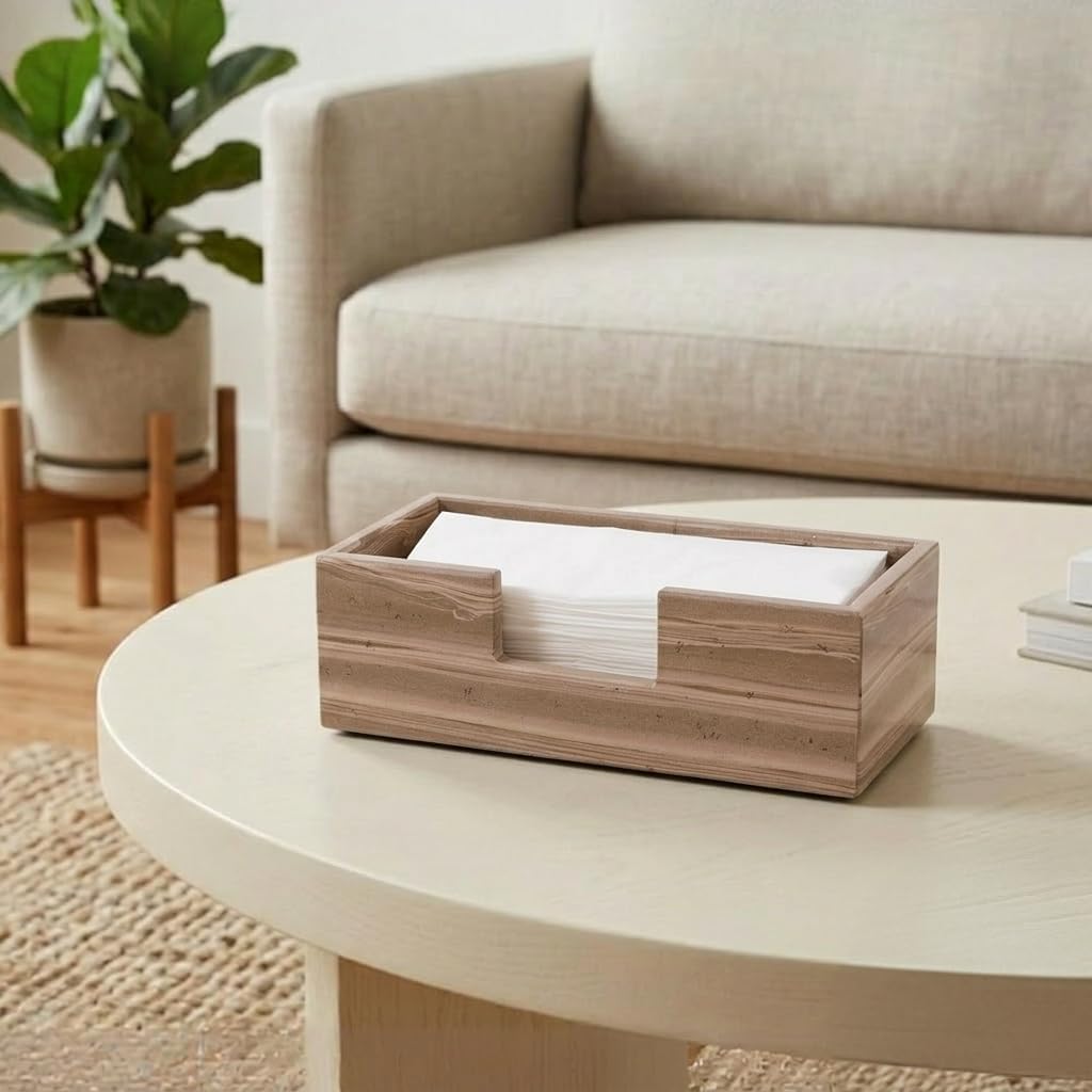 Radicaln Marble Tissue Box Holder 10x5 Inch Handmade Natural Brown Decorative Tissues Paper Boxes for Bathroom Counter Organizer, Rectangle Napkin Holders for Office Desk Decor