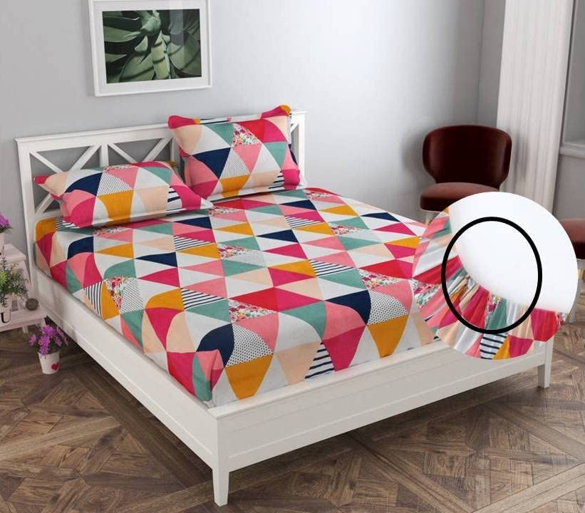 Image of Glace Cotton Elastic Printed Bedsheet | All Around Elastic King /Double Bed Bedsheet | Bedsheet with 2 Pillow Cover (72 inch x78 Upto 6 Inches, Pink Geomatric)