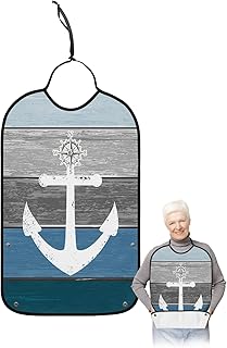 BOBOWUNY Navy Blue Grey Ombre Wood Adult Bibs for Elder Women Men Eating, Beach Nautical Anchor Ocean Coastal Waterproof & Washable Bibs for Eating Clothing Protector Dining Bibs for Crumb Catcher