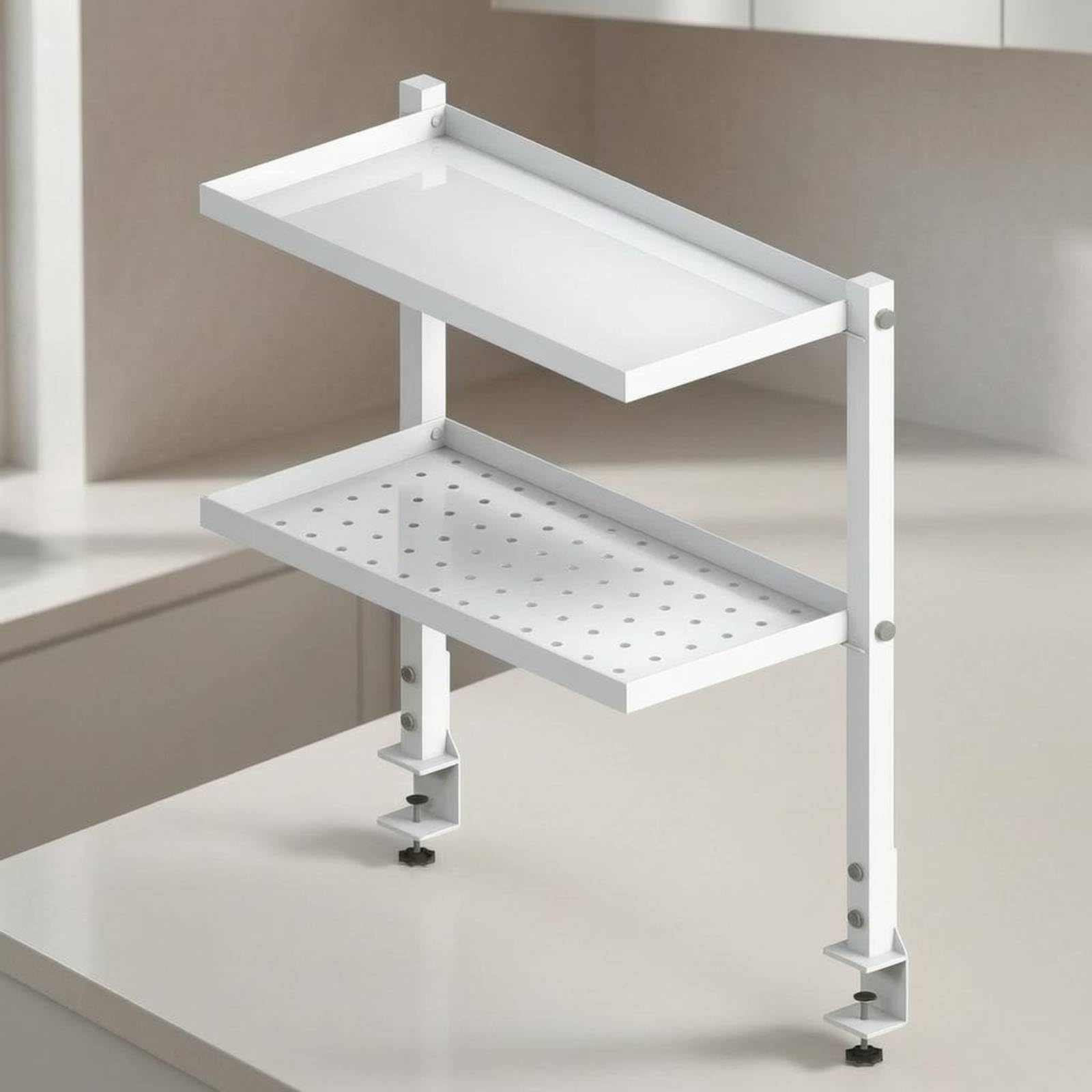Scaffale da Scrivania con Morsetto Organizer Ripiano Supporto Pensile Mensola Metallo Acciaio al Carbonio con Doppia Mensola E Pannello Forato Adatto per Ufficio Studio Postazione Lavoro