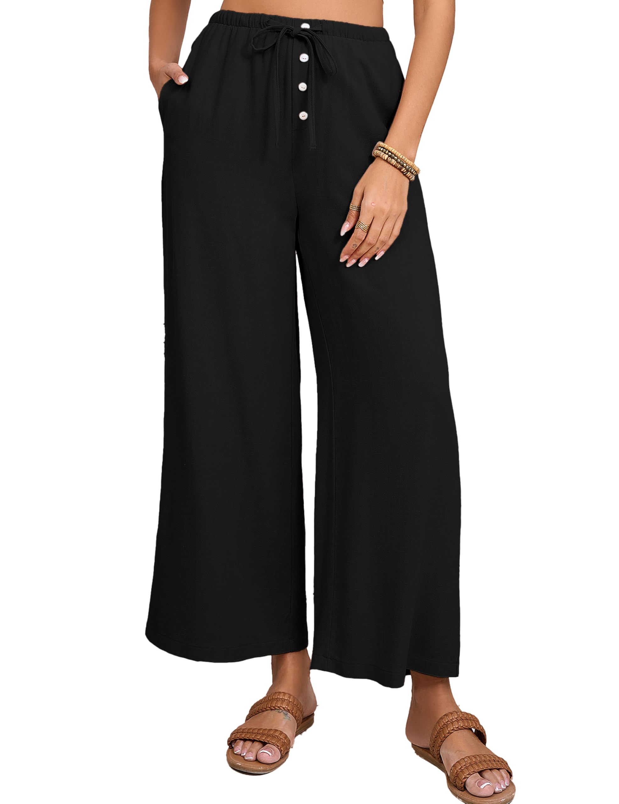 Fiona Jolin Womens Cotton Linen Pants Summer Casual Beach Pants Drawstring Flowy Wide Leg Palazzo Trousers with Pockets