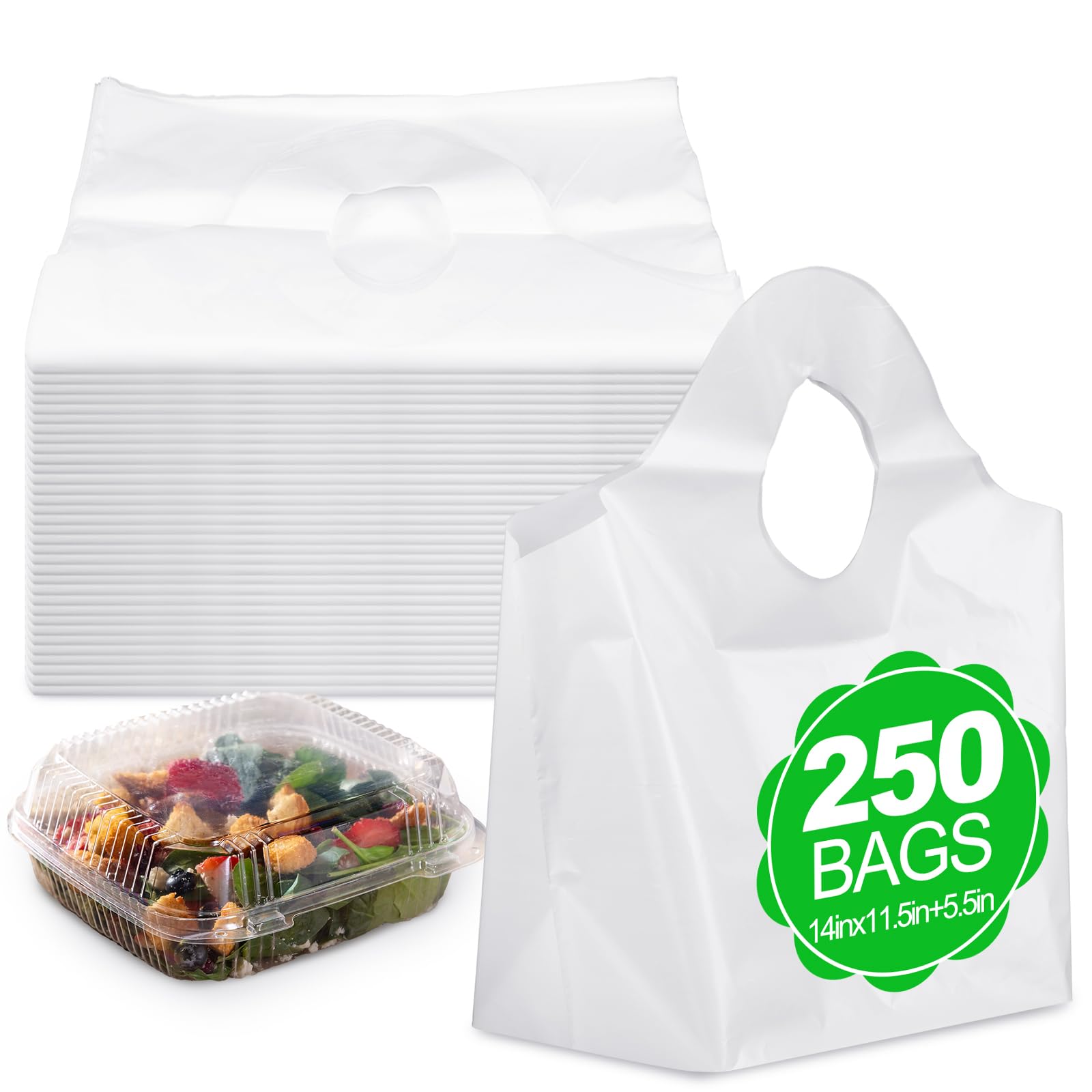 250 Pcs Plastic Take out Bag Reusable Grocery, White, 14" X 11.5" + 5.5" Bg