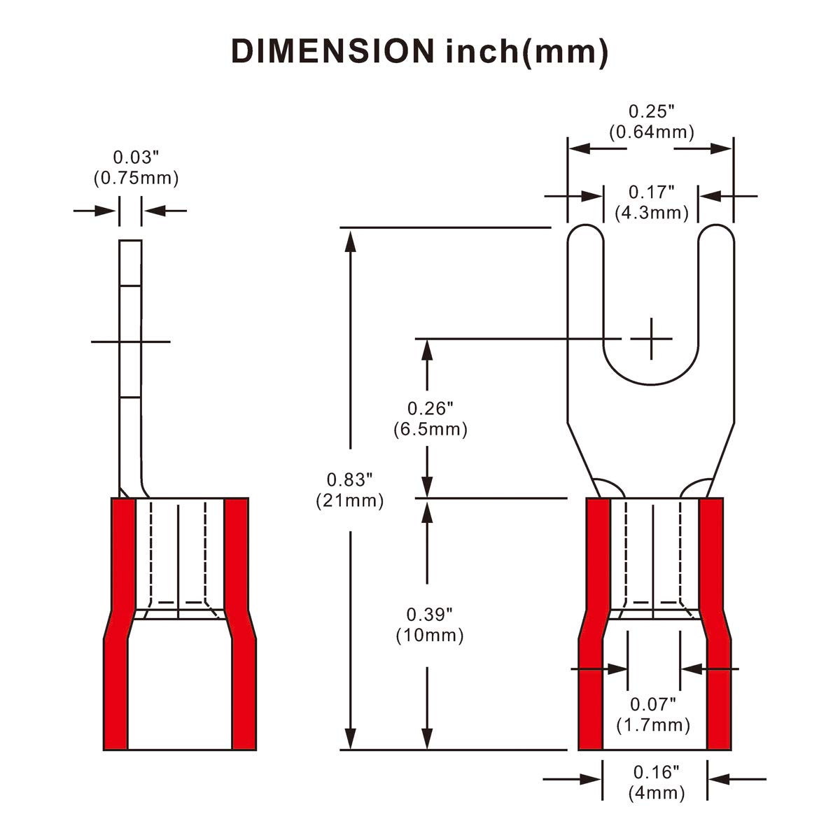 Baomain Red Insulated Fork Spade Wire Connector Electrical Crimp Terminal 16-22AWG #8 USA Screw 100 Pack