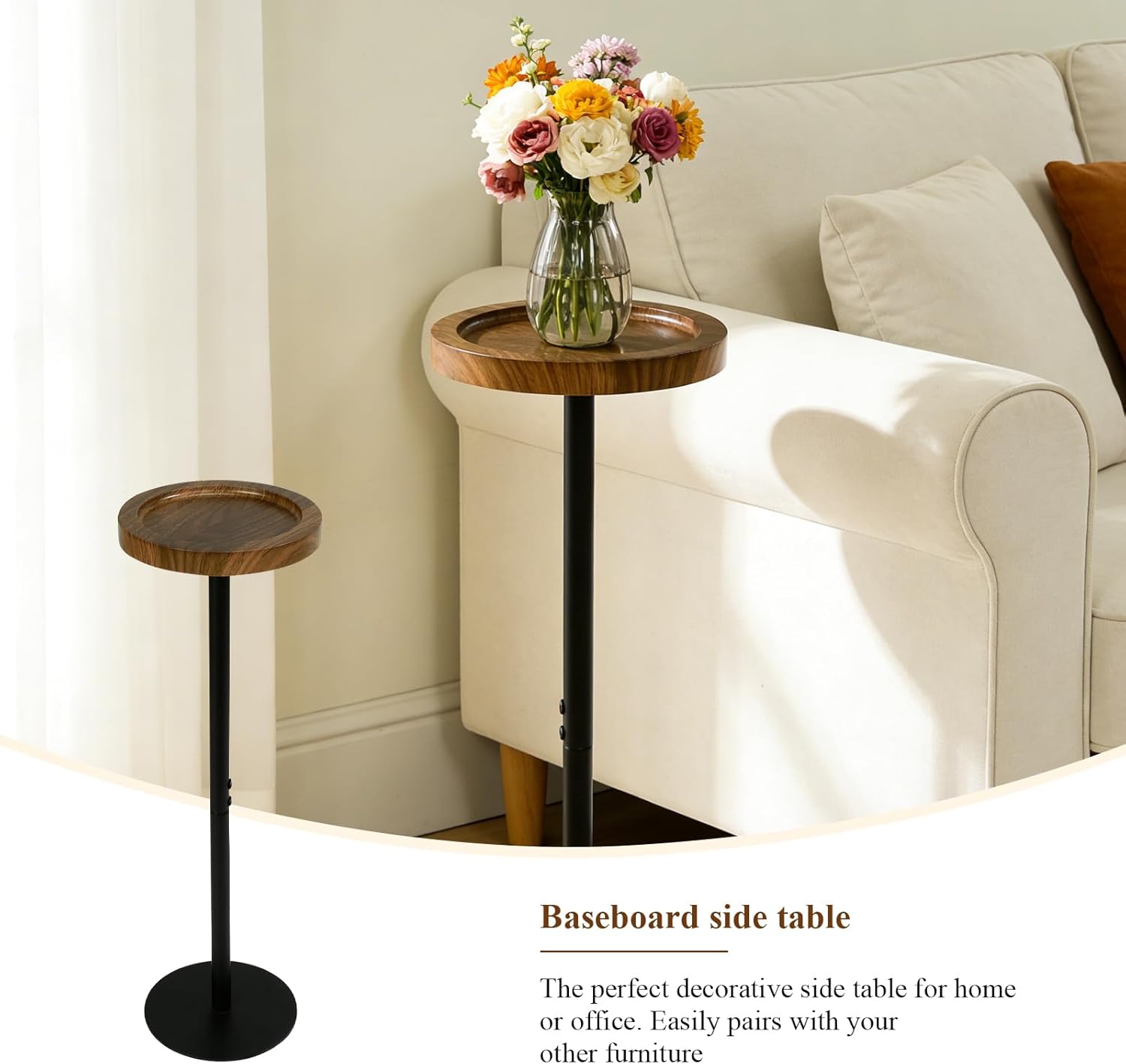 YYW Drink Table, 7.87" Round Side Table, Small Pedestal Side Table, Circle End Table with Metal Base, Martini Tables for Small Spaces, Living Room, Bedroom (Walnut Brown)