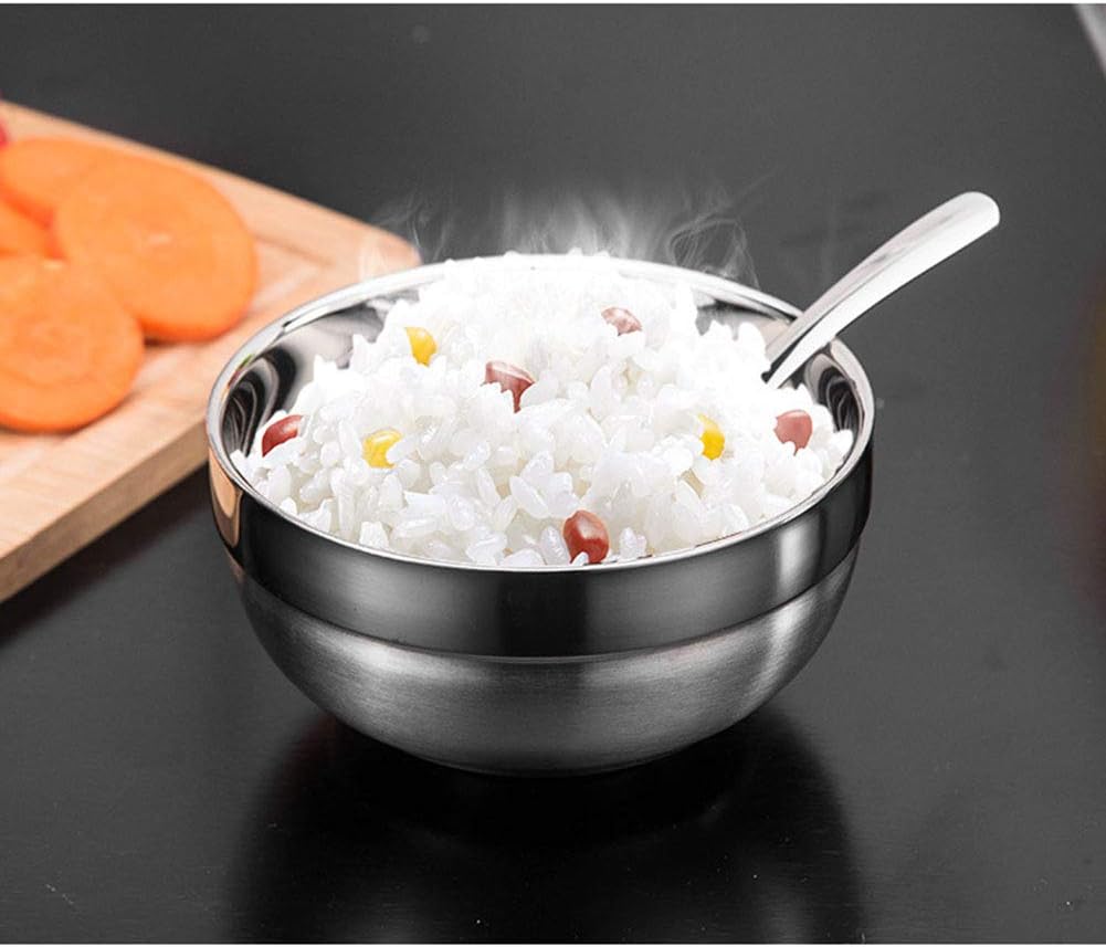 5pcs Set Dinnerware Tableware Thick Anti-scald Rice Bowl Unbreakable Double-deck 304 Stainless Steel Food Bowls for Soup, Popcorn, Fruit, Salad, Noodle, etc (5, 14cm Diameter)