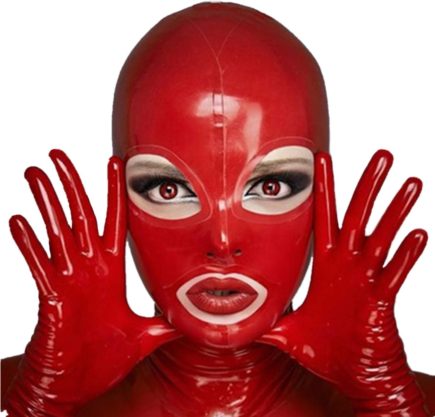 Red Latex Hood Back Zipper Open Eyes Mouth for Catsuit Rubber Mask Cosplay Club Wear Costume