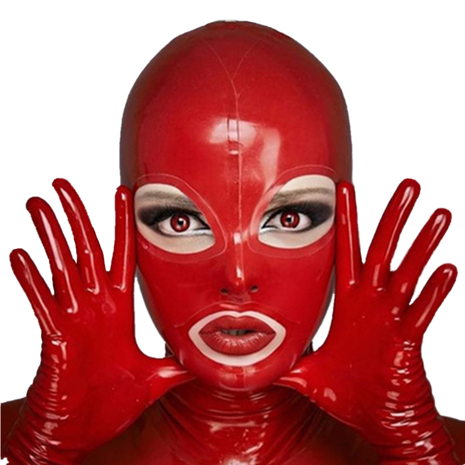 SecondSkin Red Latex Hood Back Zipper Open Eyes Mouth for Catsuit Rubber Mask Cosplay Club Wear Costume (Red, Large)