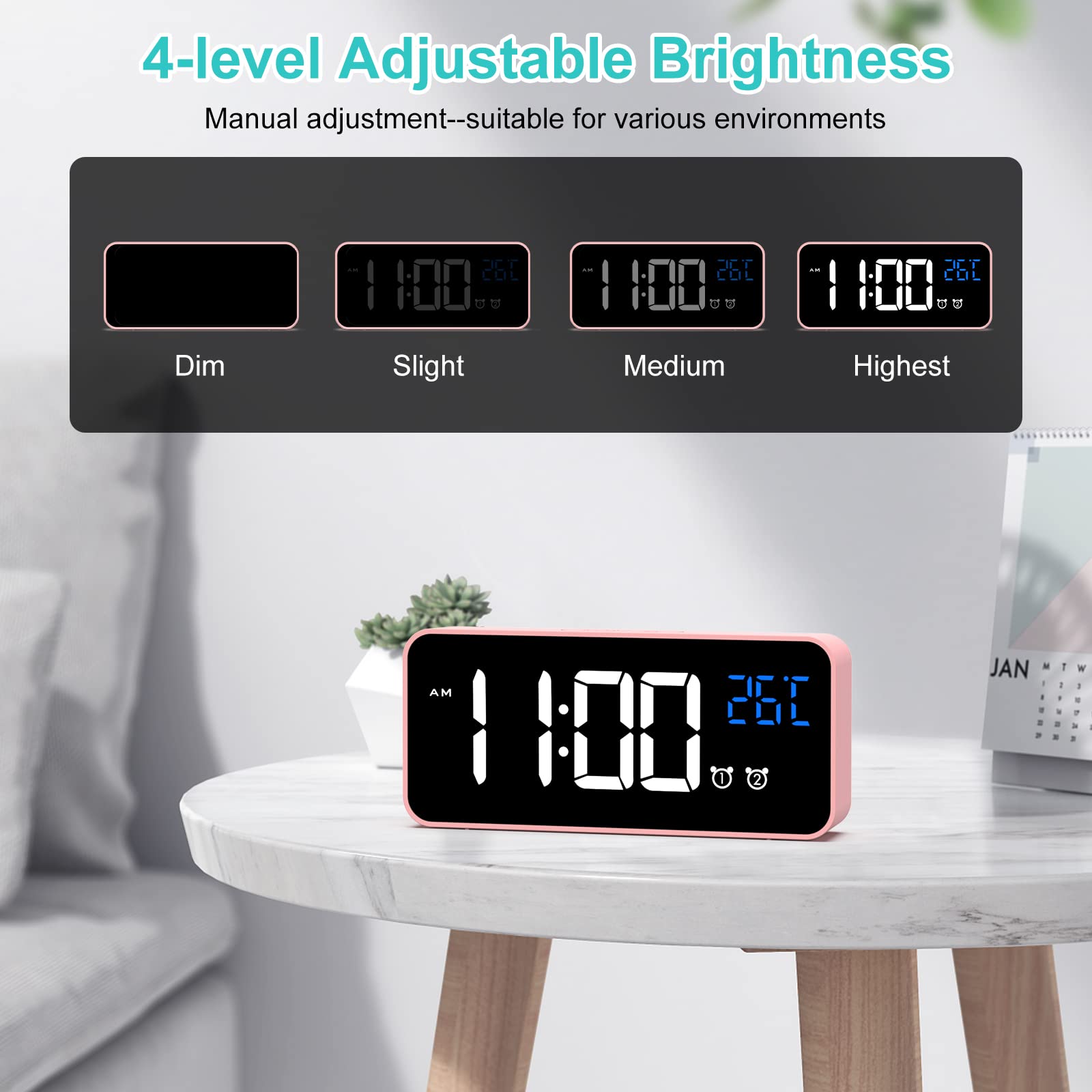 HERMIC Sveglia Digitale, Sveglia da Comodino con Temperatura, Orologio Digitale con 2 Allarme, Snooze, 4 Livelli di Luminosità, Controllo Vocale, USB Ricaricare, Sistema 12/24 Ore (Rosa)