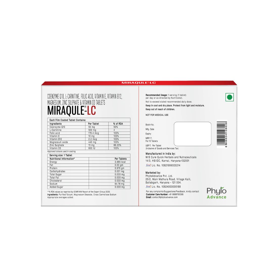 MiraQule-LC Muscle Strength Tablets  For Chronic Fatigue, Muscle Weakness  & Cramps | 2X Cellular Energy Booster | L-Carnitine  500MG + Coenzyme Q10  : Amazon.in: Health & Personal Care
