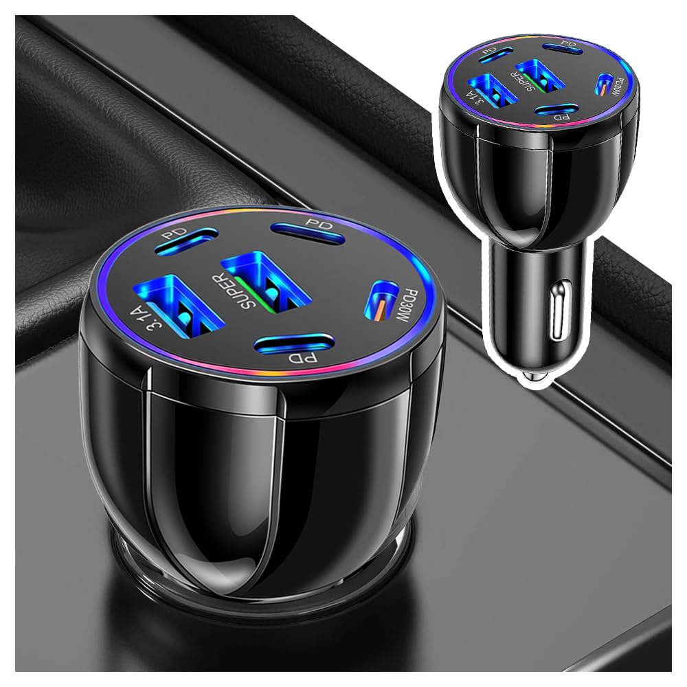 Cargador de coche de 6 puertos USB C y USB A, adaptador de cargador de coche ultrarrápido de 75 W con Super/PD30W/PD/3.1A, adaptador universal de 12V/24V para encendedor de coche, adaptador USB para