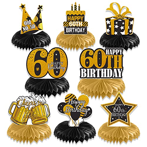 60th Birthday Decoration Honeycomb Centerpieces for Women Men, 8 Pcs Black Gold Cheers to 60 Years Table Centerpiece Toppers, 60 Birthday Party Creative Table Sign Décor, Easy Set Up, Vicycaty