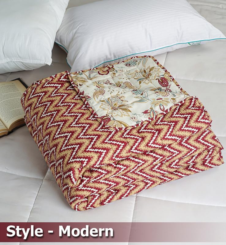BSB HOME Famous Jaipuri Beautiful Floral & Zigzag Print in White and Maroon Jaipuri Rajai/Razai/Quilt Double/King Bed Quilt/Comforter/Ac Quilt/Ac Comforter, Cotton, Lightweight Pack of 1, 400 GSM 3