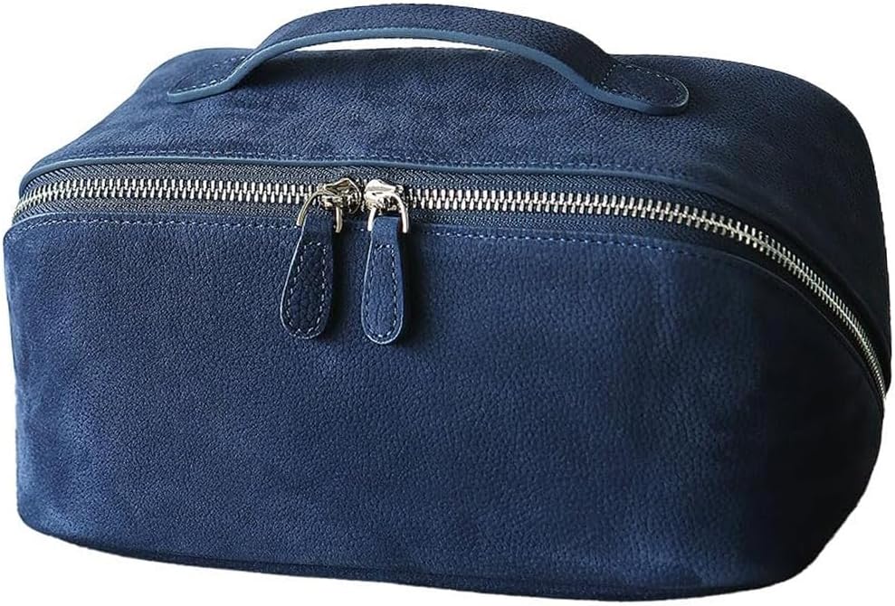 Genuine leather cowhide women's makeup bag, jewelry box, storage bag, large-capacity toiletries bag, pillow-shaped toast bag, travel handbag (Emerald Green,crocodile pattern)