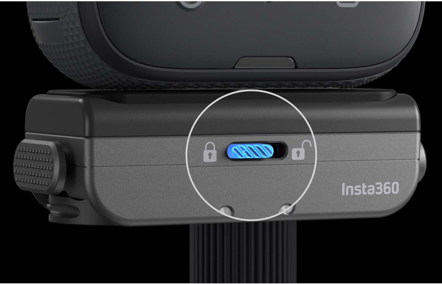 Close-up of the Insta360 Quick Release Mount 2.0 showing the lock switch in the locked position