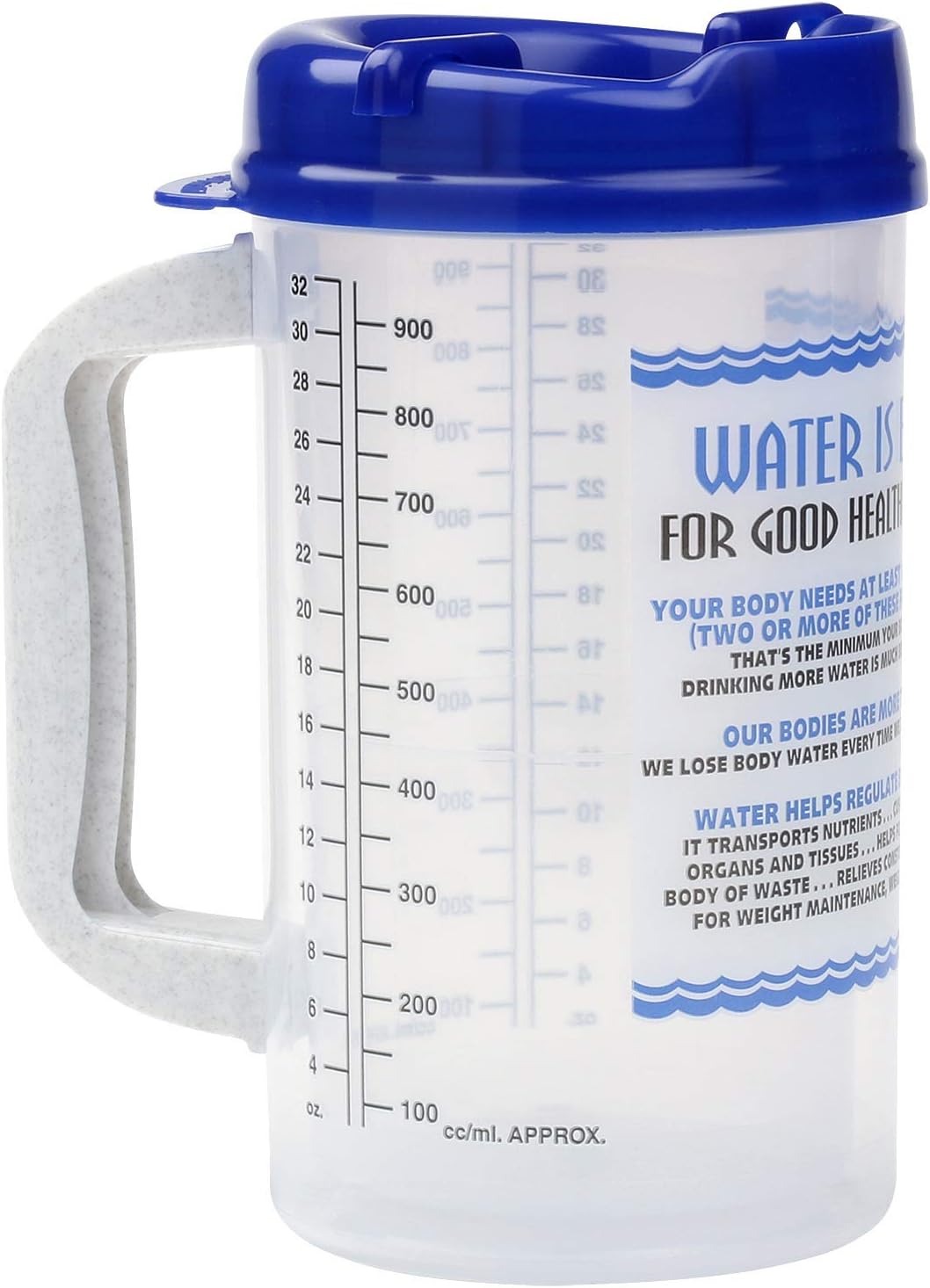 Water Essentials Tracking Hospital Mug for Daily Intake Measuring with Straw, 32 oz Blue Swivel Lid