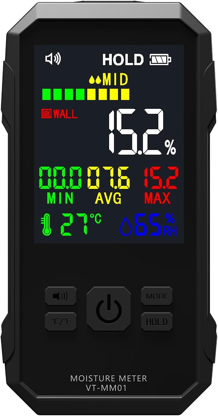 Digital Water Content Meter with Large LCD Display, Pinless Hygrometer for Softwood and Hardwood, Ideal for Walls and Masonry Detection, Prevent Mold Growth (Black)