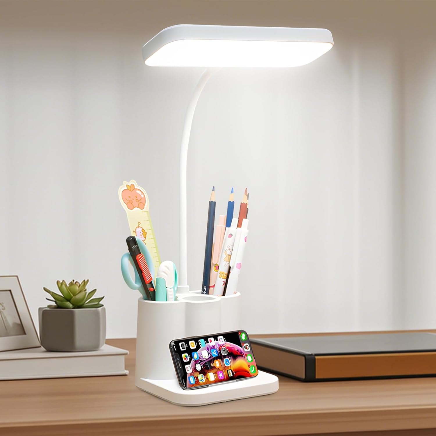 Desk Lamp for Students, Stepless Dimming Led Reading Light with Pen Holder, Changeable Color Temp, U Battery Powered, White