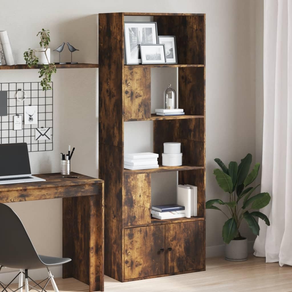 Hothingwell Bibliotheque Chene Fume 70x36x189 cm Wood Ingenierie | Wiele przegródek, stojak na książki z czasopismami, oddzielna część, łatwy do czyszczenia, dołączony uchwyt ścienny