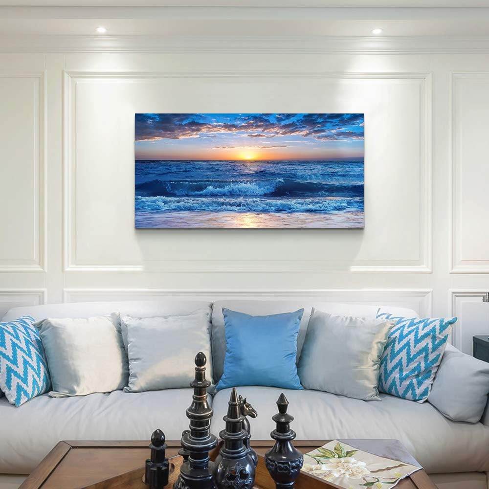 canvas wall art for living room Blue Ocean Sea sun landscape painting bathroom Wall Decor Ready to Hang for Home Decorations office family bedroom kitchen Works canvas Prints pictures 20" x 40"inch 40L" x 20W" Blue Ocean A