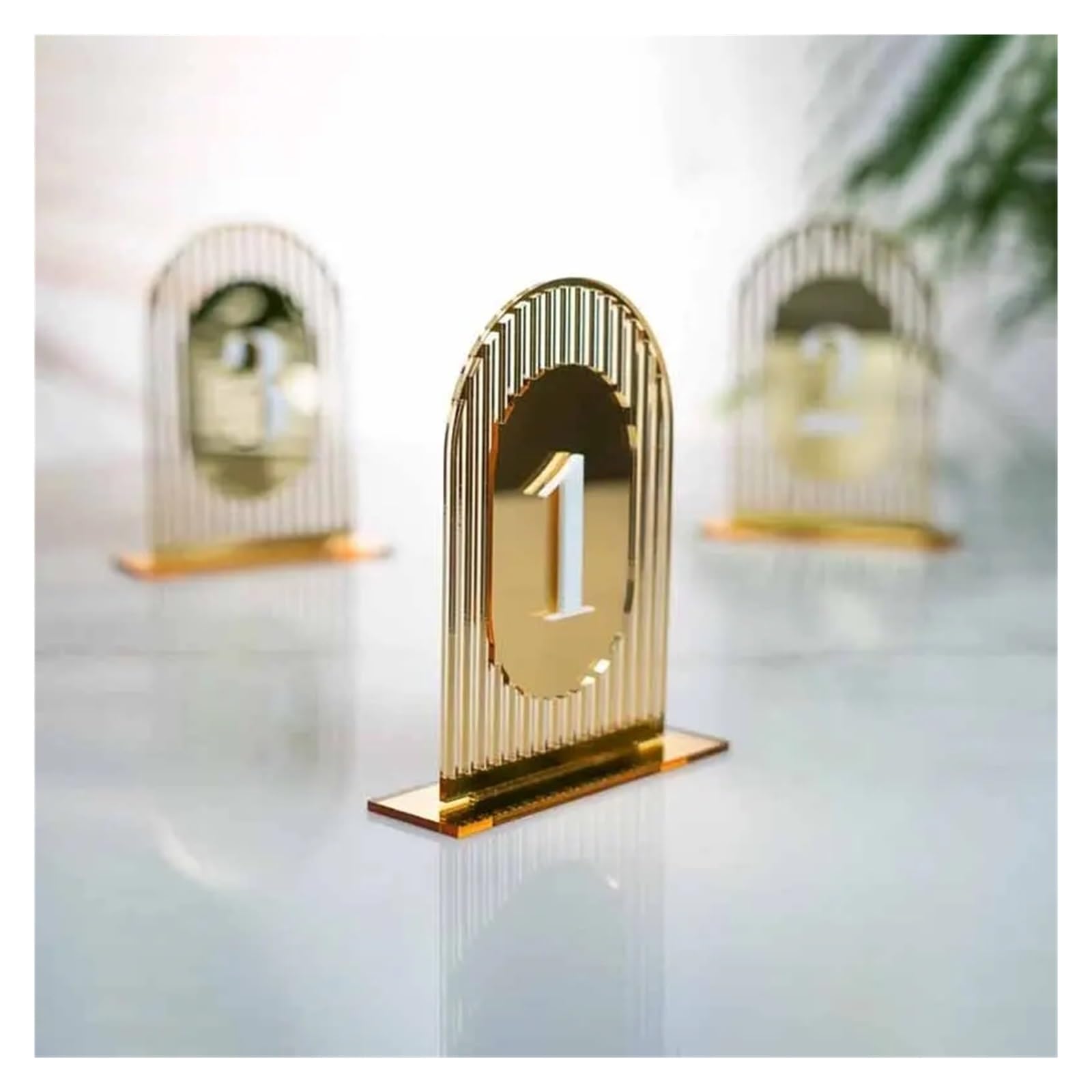 Portanúmeros de Mesa, Número de Mesa con Espejo Dorado Números Arco Entrada Doble Capa(Silver,Table 1 5)