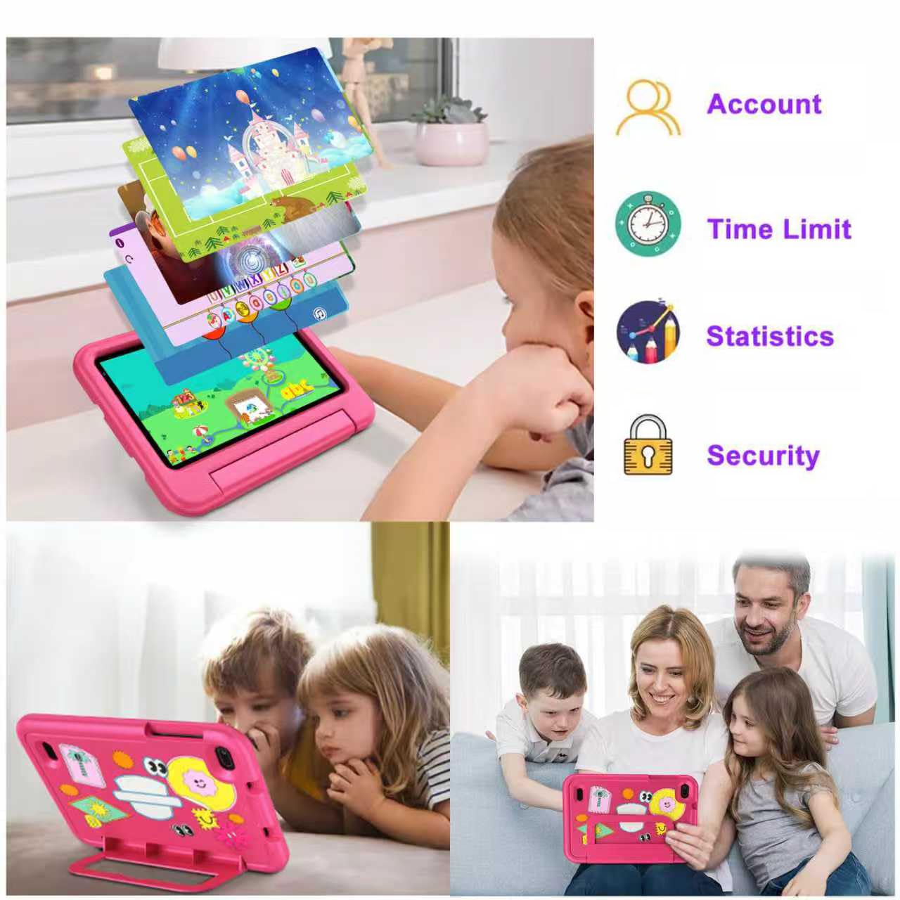 Tablet per Bambini Andorid 14 Tablets 7 Pollici 10GB RAM + 64GB ROM (TF 1TB), 5G WiFi 6, BT5.0, Octa-Core, Controllo Parentale | Doppia Fotocamera | GMS Certificated | GPS | Tablet con Custodia - Rosa
