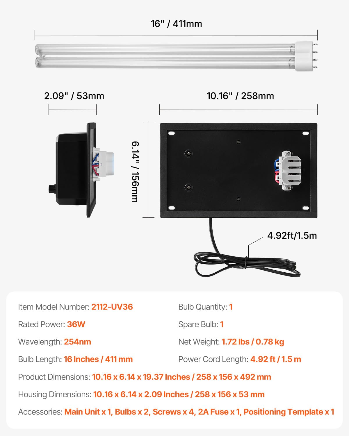 VEVOR Oczyszczacz powietrza do kanału HVAC do domu, 36 W, przewód klimatyzacyjny, długość fali 254 nm, światło UV UVC, z żarówką UV 411 mm, mocne oczyszczanie, do klimatyzatora