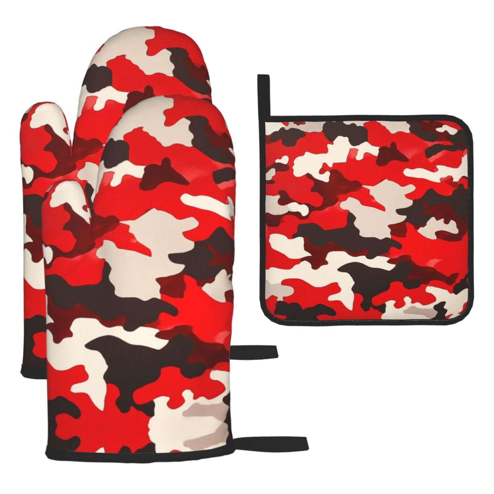 Oven Mitts and Pot Holders Set of 3 Heat Resistant Non-Slip Kitchen Gloves Hot Pads Red Camo Mittens Non-Slip Potholders for Cooking Baking Grilling BBQ