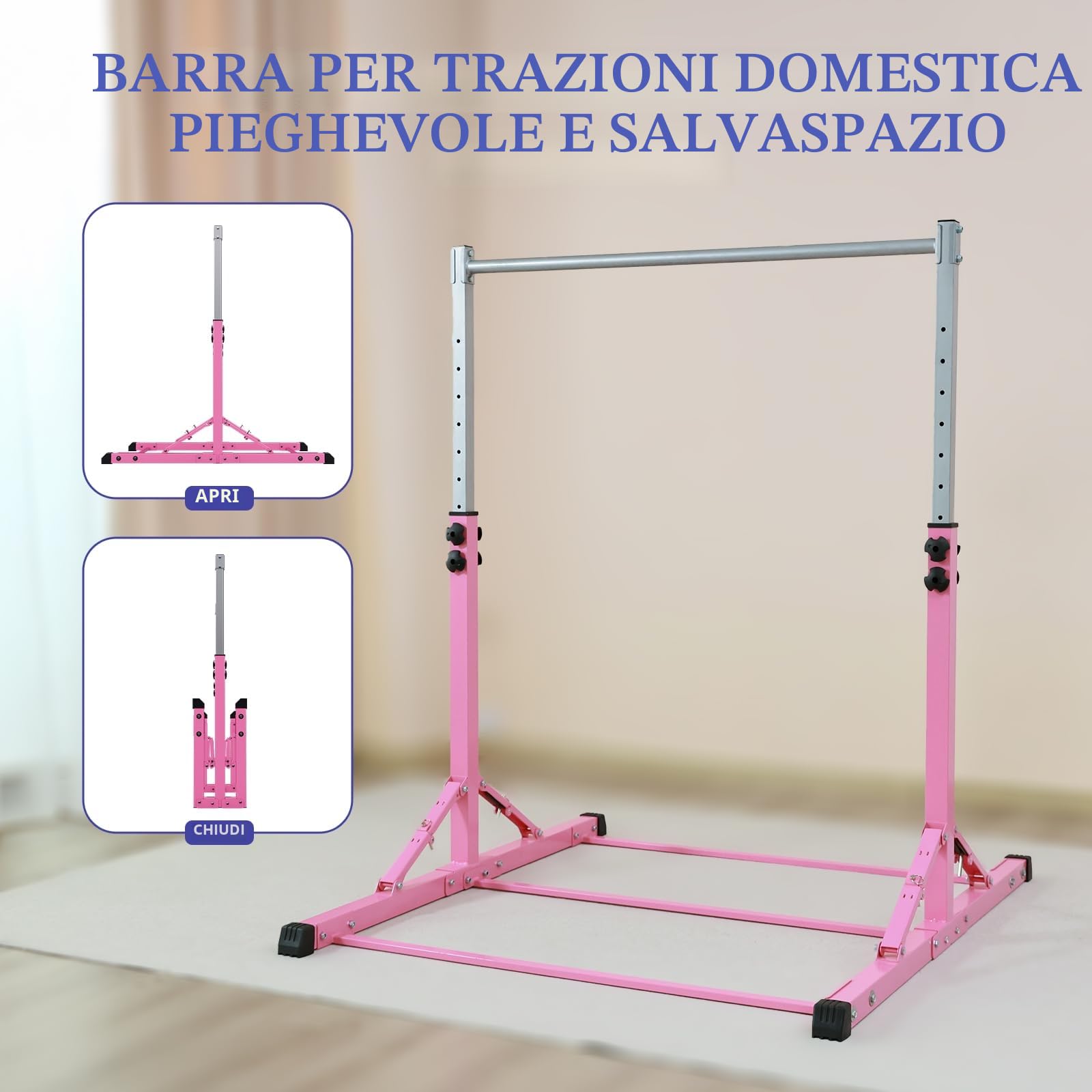 Barra da Ginnastica Pieghevole per Bambini, Regolabile in Altezza, Struttura in Acciaio Stabile, Antiscivolo