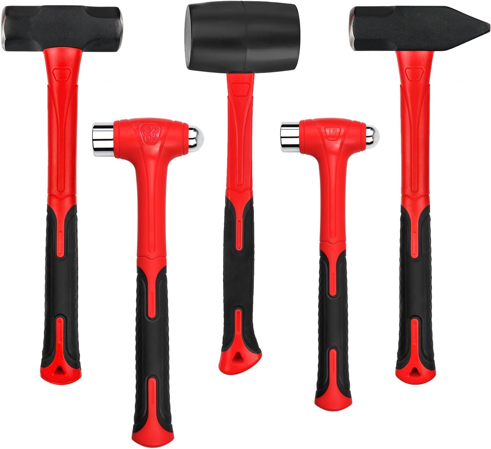 5-Piece Hammer Set, 16oz Ball Peen Hammer | 32oz Ball Peen Hammer | 32oz Rubber Mallet | 3lb Sledge Hammer | 3lb Cross Peen, Fiberglass Handle & Mallet Set