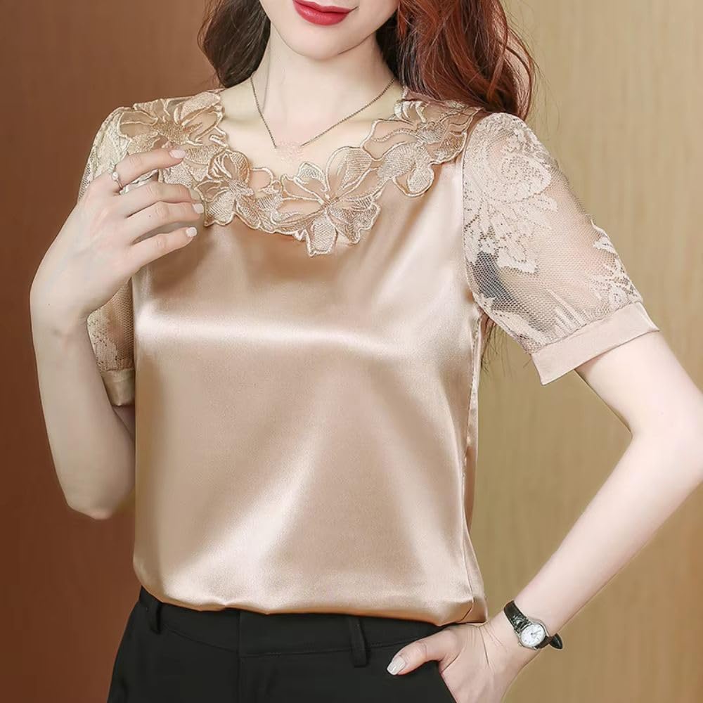 Women's Blouse Lace Patchwork Hollow Out Satin Shirt Summer Short Sleeve Casual Top