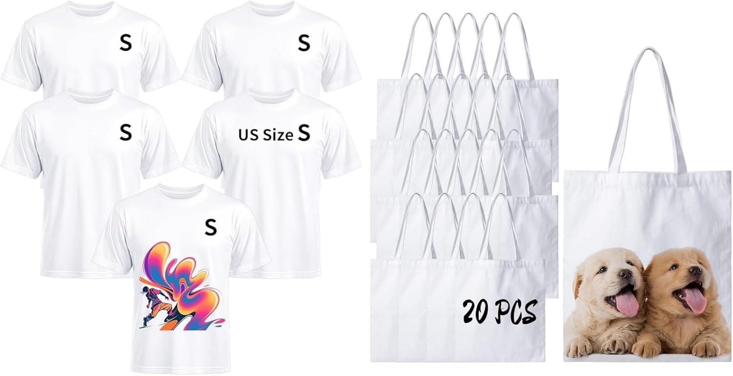 Joyclub Bundle of 5 Pack Sublimation Blanks Bulk Wholesale White Polyester T Shirts and 20 Pack Canvas Tote Bags