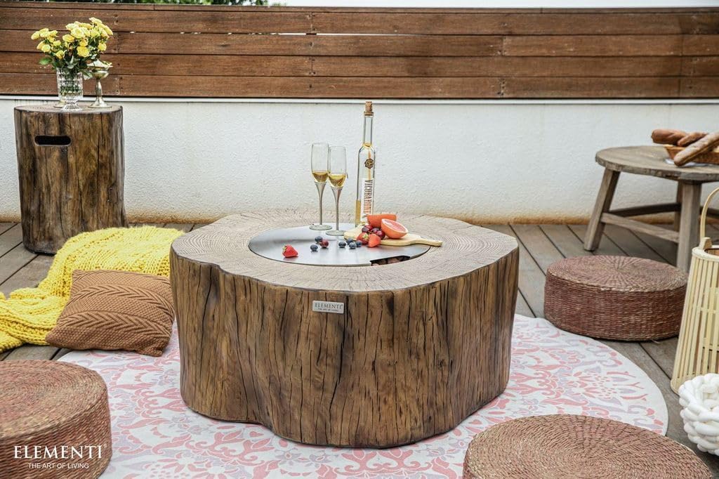 Elementi Lunar Bowl Cast Concrete Fire Table Bundle, Outdoor Fire Pit Fire TablePatio Furniture, Light Gray (Liquid Propane Gas)
