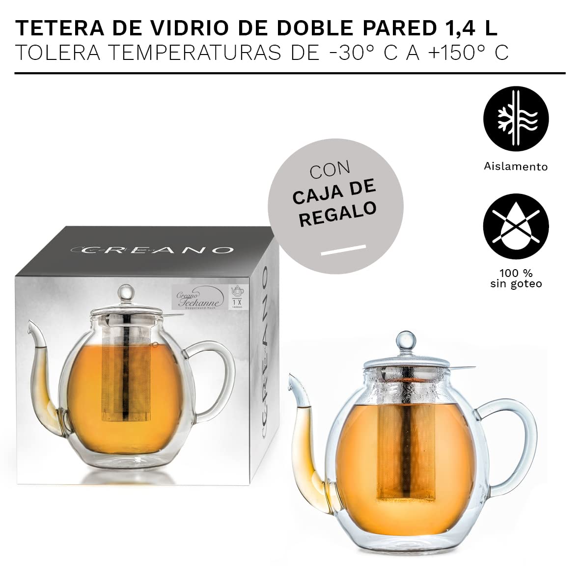 Creano Tetera de Vidrio de Doble Pared 1,4L con Filtro de Acero Inoxidable – Tetera Isotérmica Antigoteo para Té y Flores