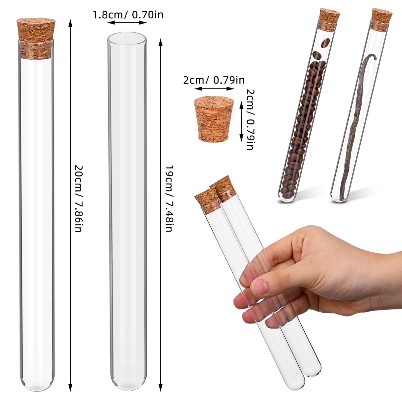 Tubes à Essai Verre 20 CM Fond Rond Lot de 8 Bouchons Liège pour Stockage Liquide et Expériences Scientifiques à Domicile Laboratoire