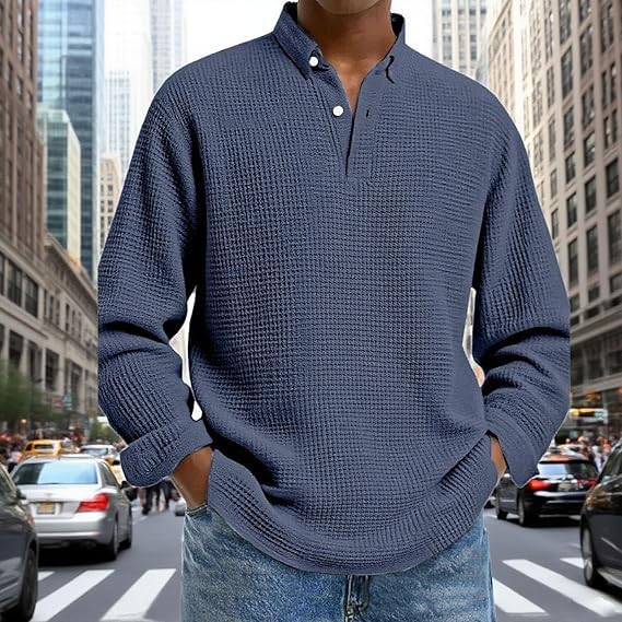 Mokaloha Mens Shirts, Mokaloha Men's Simple Solid Color Waffle Lapel Long Sleeve Polo Shirt, Knit Sweater Collared Shirts2