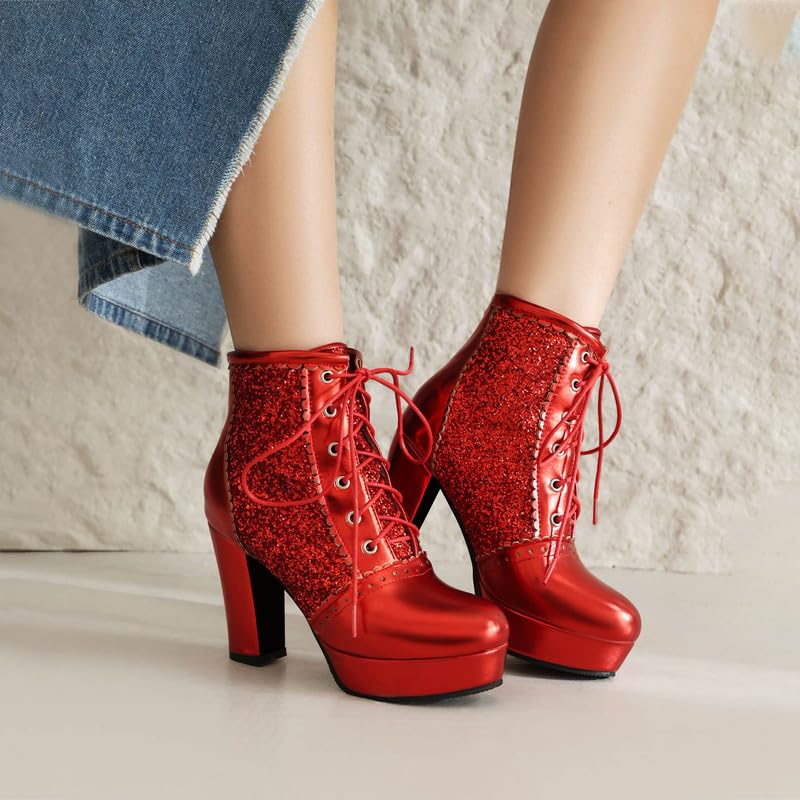 KOKOMOMO Sparkly Platform Ankle Boots Short Sequin Glitter Combat Boots Chunky Heeled Lace Up Booties2