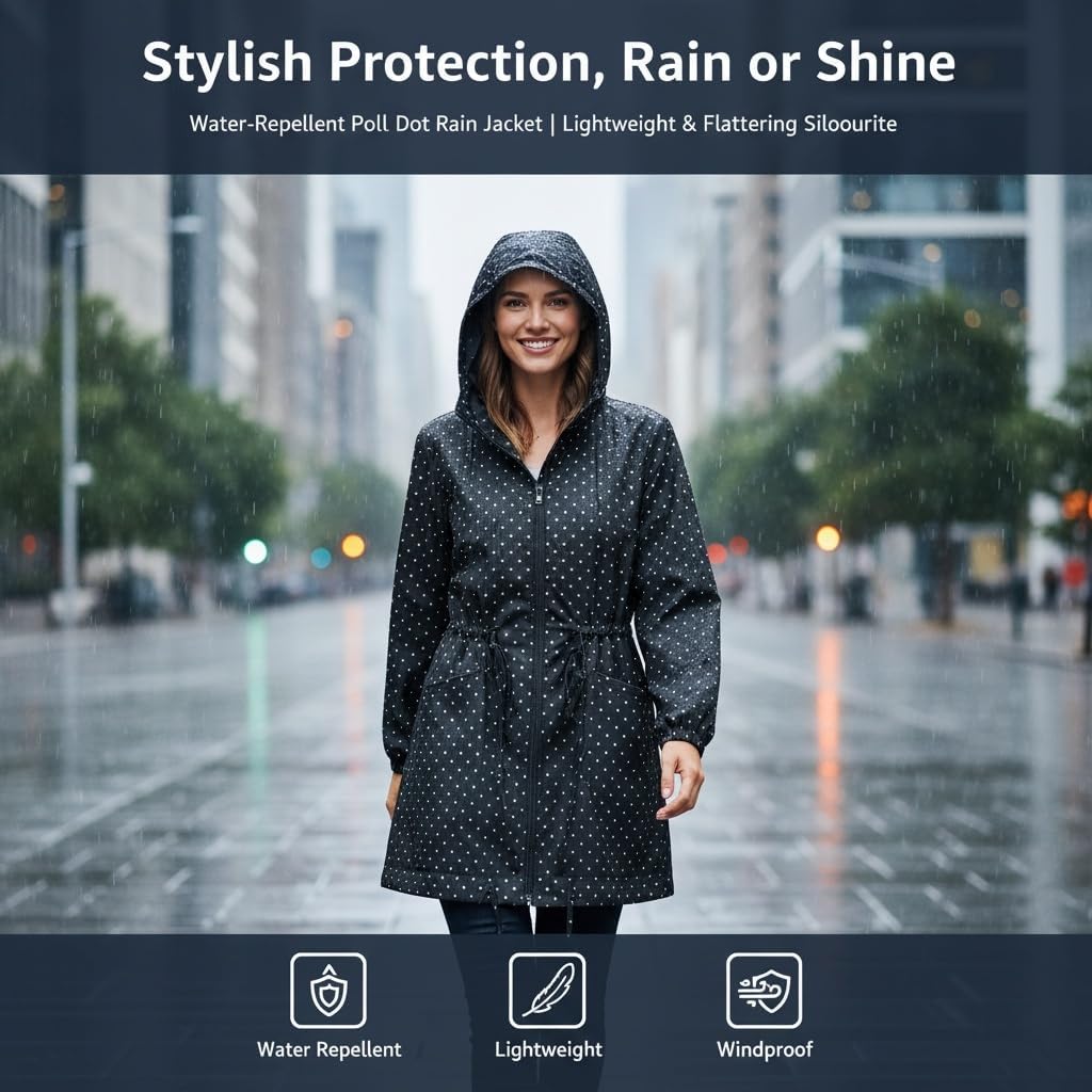 Women's Polka Dot Hooded Drawstring Mid Length Rain Jacket
