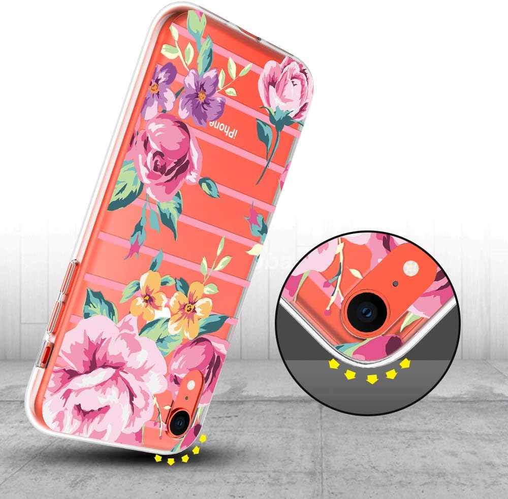 Caka Clear Case for iPhone XR Flower Case Floral Pattern Slim Girly Anti Scratch Excellent Grip Premium Clarity TPU Crystal Protective Case for iPhone XR (6.1 inch) (Pink Stripe)