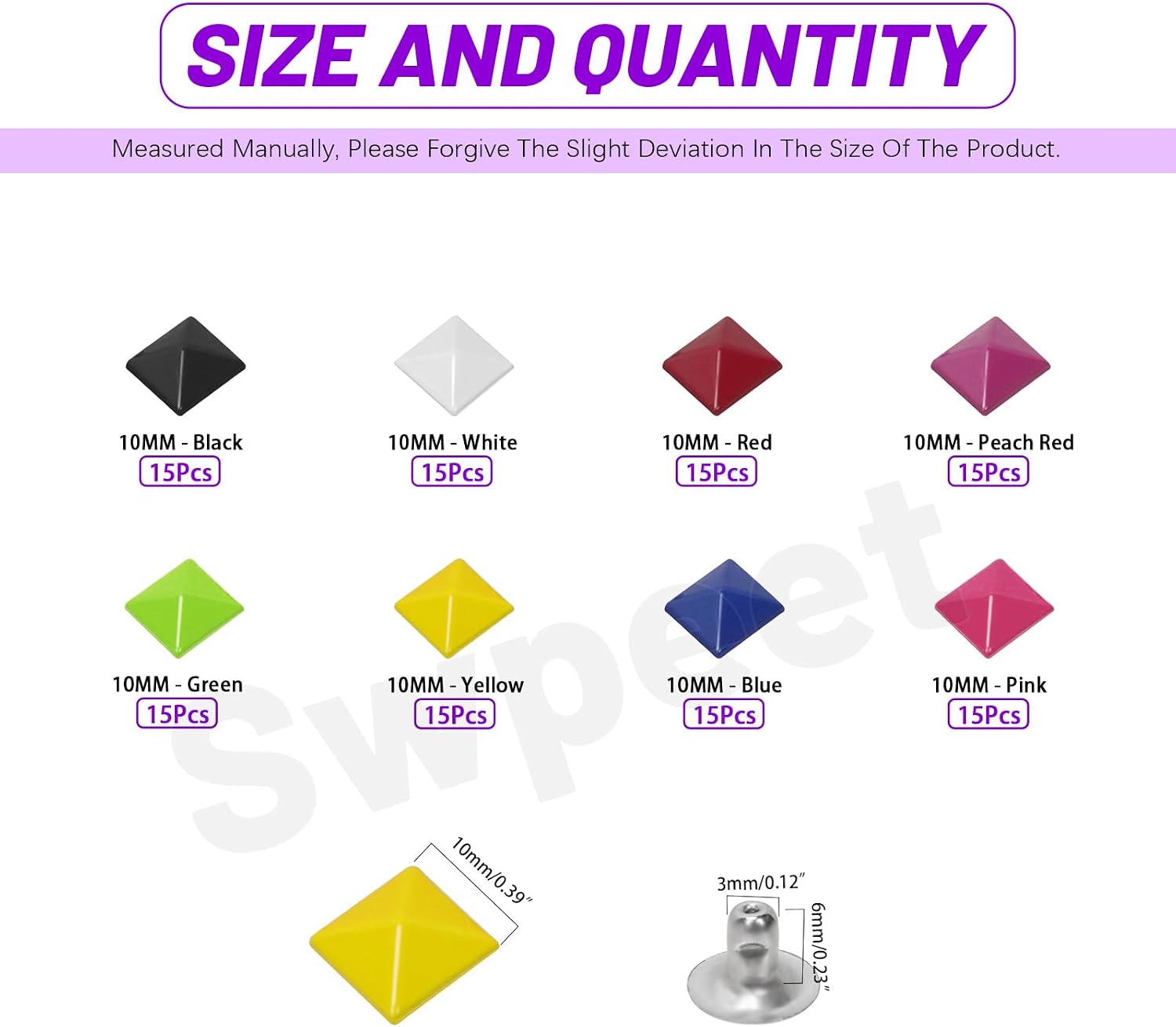 Swpeet 120 Sets 8 Colors 10mm Pyramid Rapid Spike Rivet Studs Kit, Square Punk Spikes Rivets, Metal Pyramid Leathercraft Decoration Rivet Studs for Bag Leather Clothing Shoes Handicraft DIY