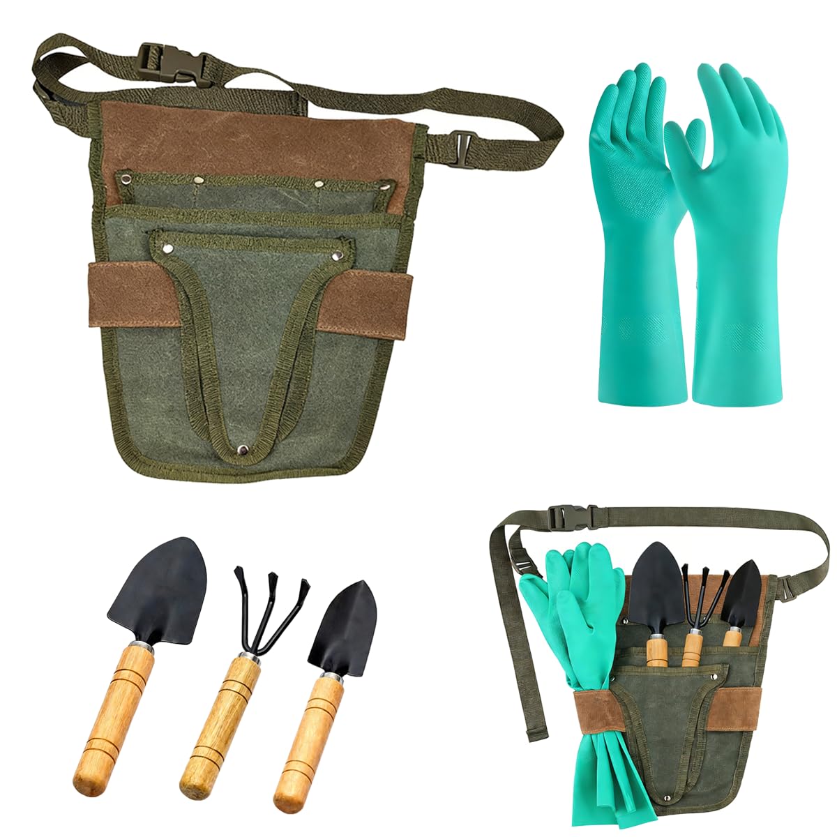 Tool Belt Pouch,Garden Tool Bag with Gloves and Three Small Trowels,Waxed Canvas Tool Belt,Multiple Pocket Design,Suitable for Home Gardening,Outdoor Use,Construction Workers and Carpenters