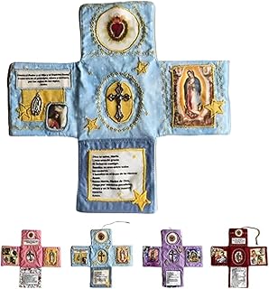 Handcrafted Pocket Devotion–Faith Edition,Catholic Travel Prayer Kit with Cross,Mini Handmade Christian Catholic Gift,Folding Shrine with Silver Cross Included Inside, Personal Altar (Blue)