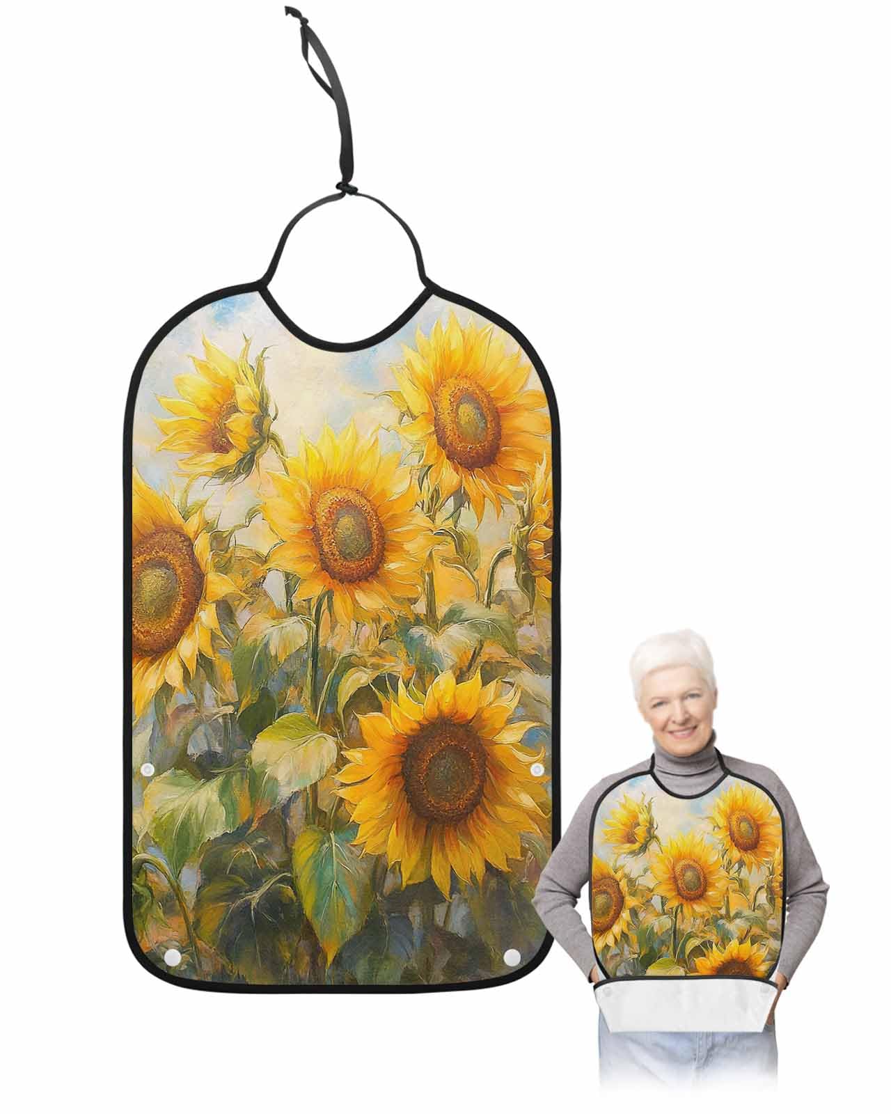 Sunflower Adult Bibs for Elderly Women Men Washable Bibs for Eating, Watercolor Gradient Leaf Abstract Yellow Floral Waterproof Clothing Protectors Adult Bibs with Crumb Catcher